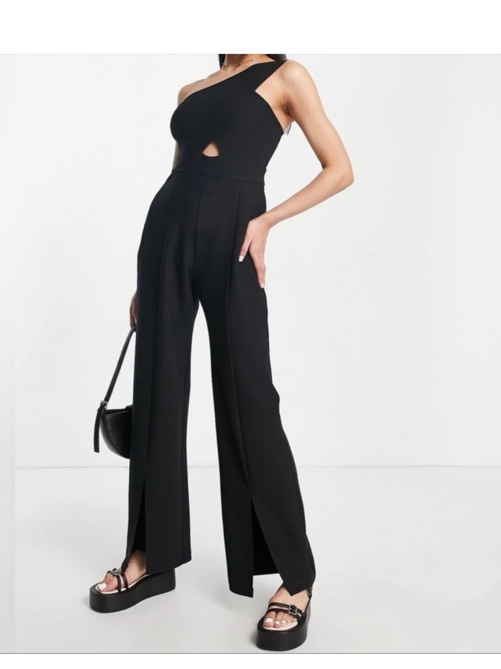 Abercrombie & Fitch Black Wide-Leg One-Shoulder Jumpsuit